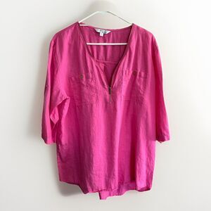 Company Ellen Tracy Tunic Top Women’s Size XL Roll-Tab-Sleeve Pink Linen 1/4 Zip